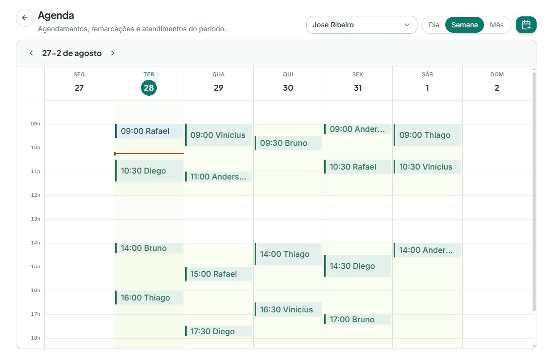 Agenda da semana no painel do profissional